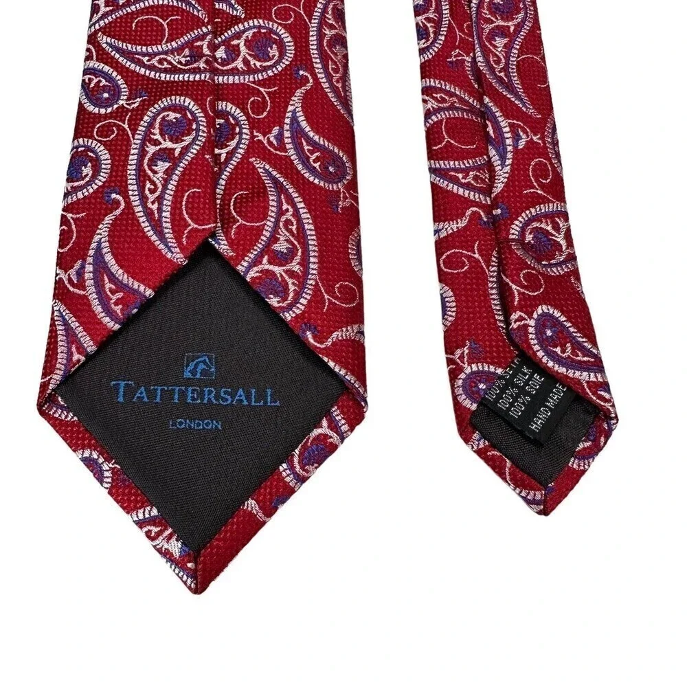 Tattersall London Silk Tie Men Red White Blue Paisley Necktie 100% Silk Handmade